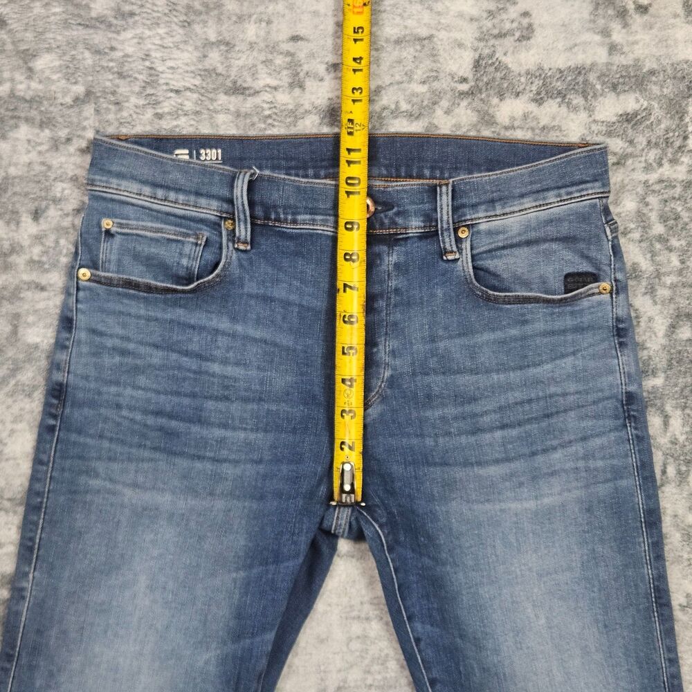 G Star Raw Jeans Mens 31x30 Blue Denim Slim Button Fly Light Wash Stretch 3301 - Picture 6 of 15